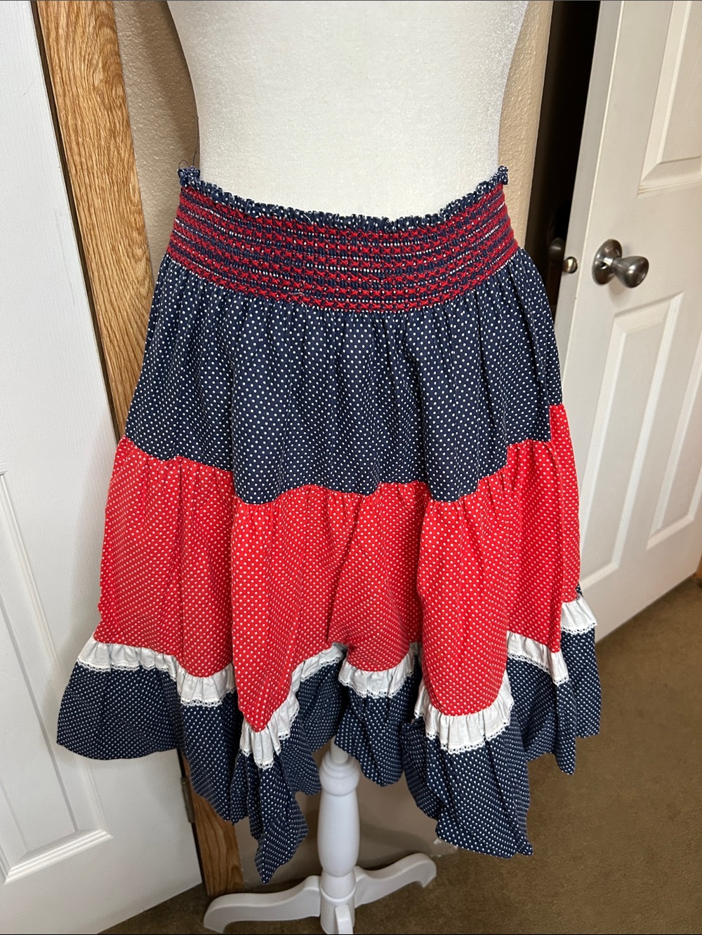 Handmade Vintage Smocked Waist Navy & Red Polka Dot Tiered Skirt